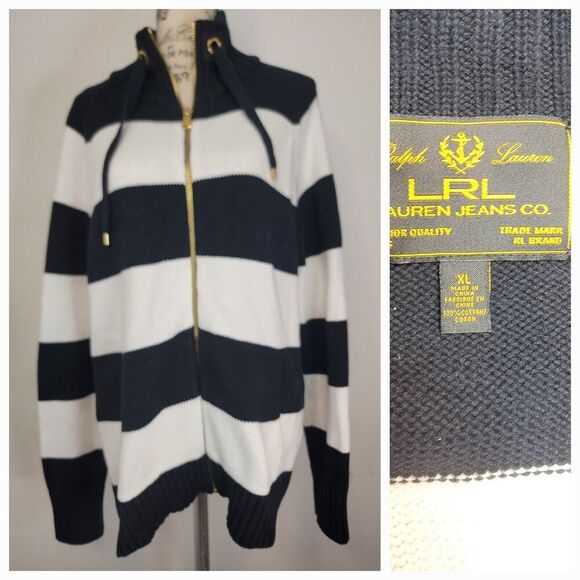 Ralph Lauren Black Label Sweater Women's SZ XL Black & White Stripes Full Zip - Picture 1 of 13